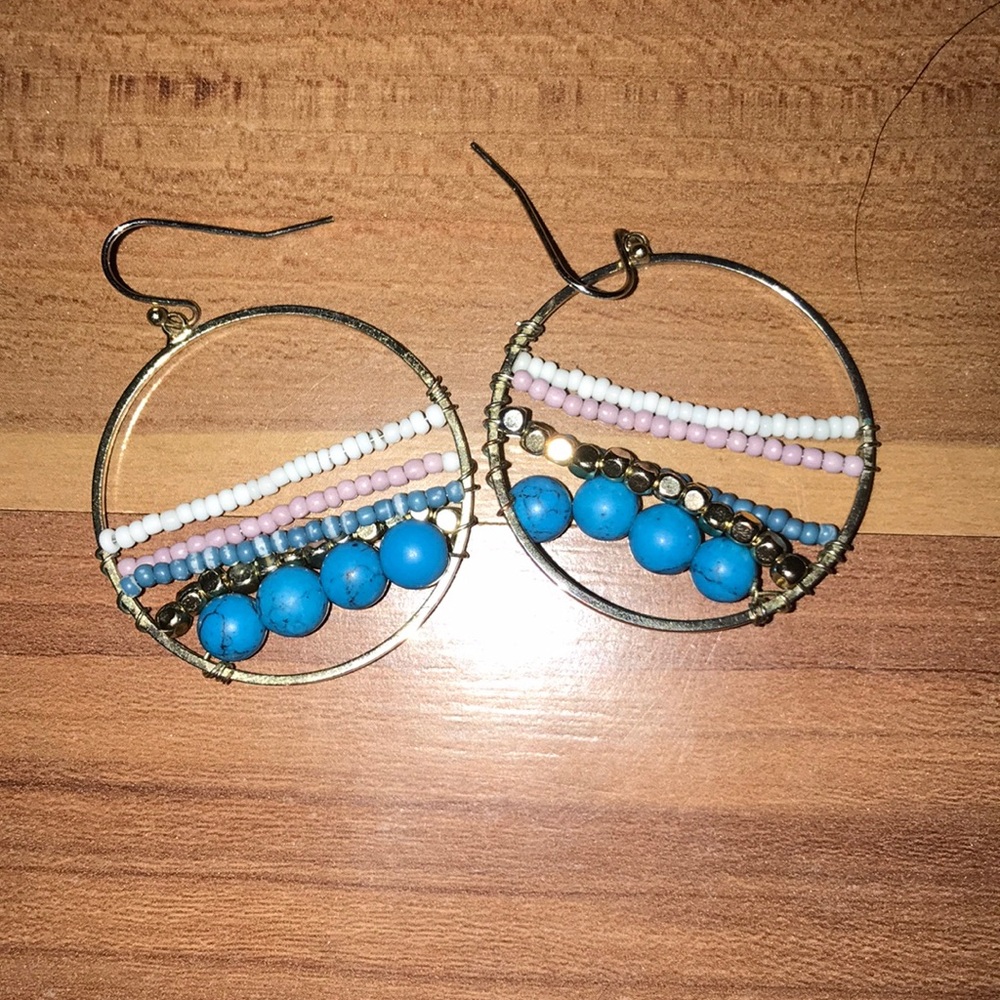 Blue, white and gold beaded earrings